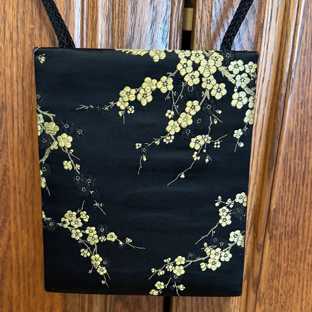 Amanda Smith Black Satin Mini Bag with Gold Floral Print - like NEW! - Picture 2 of 8